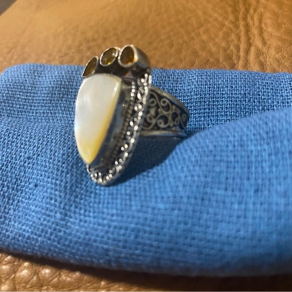 Mothher of Pear, citrine tear drops 925 silver ring size 9 - Picture 6 of 8
